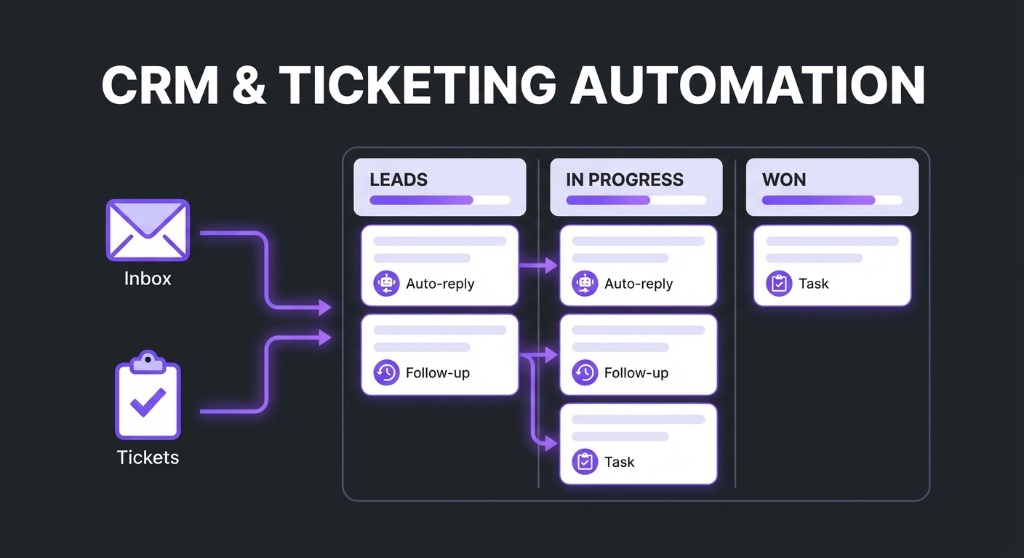 Kanban-style CRM and ticket board with automated replies and follow-ups.