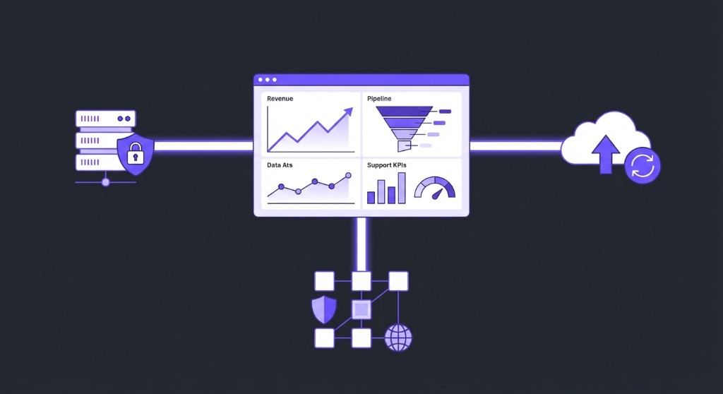 Central analytics dashboard connected to secure servers, cloud backup, and network nodes.