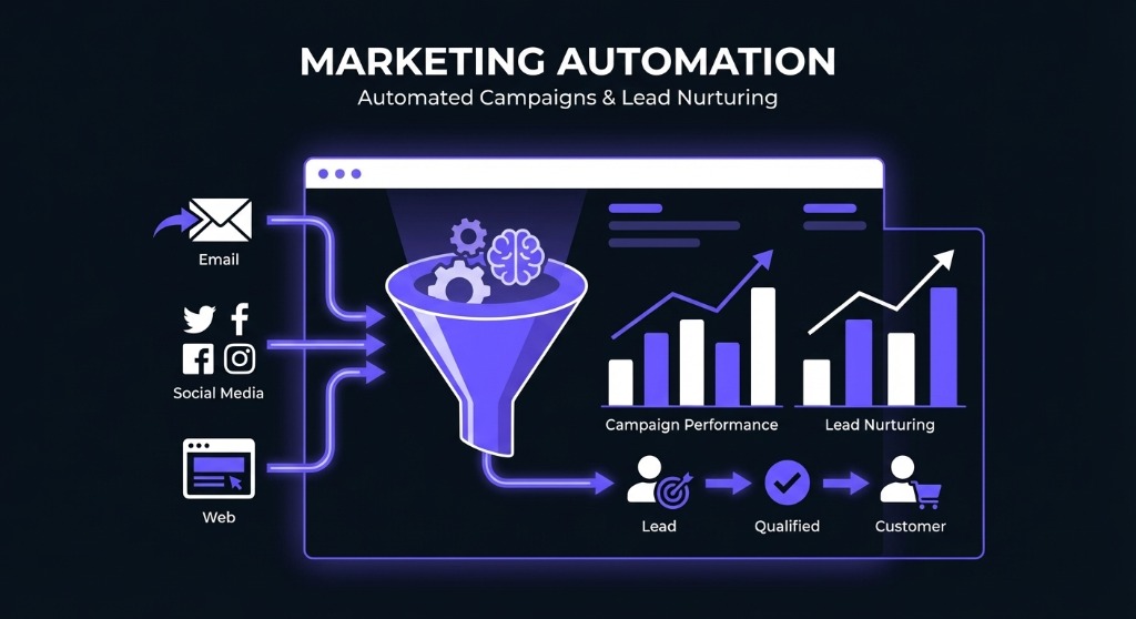 Illustration of marketing automation funnel connecting email, social, and web into a growth dashboard.